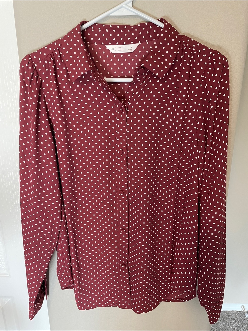 LC Lauren Conrad Burgundy Polka Dot Blouse.
